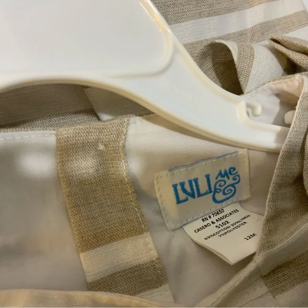 New Luli & Me Baby Girls Linen Stripe Bubble with Bow Shoulders Khaki and White